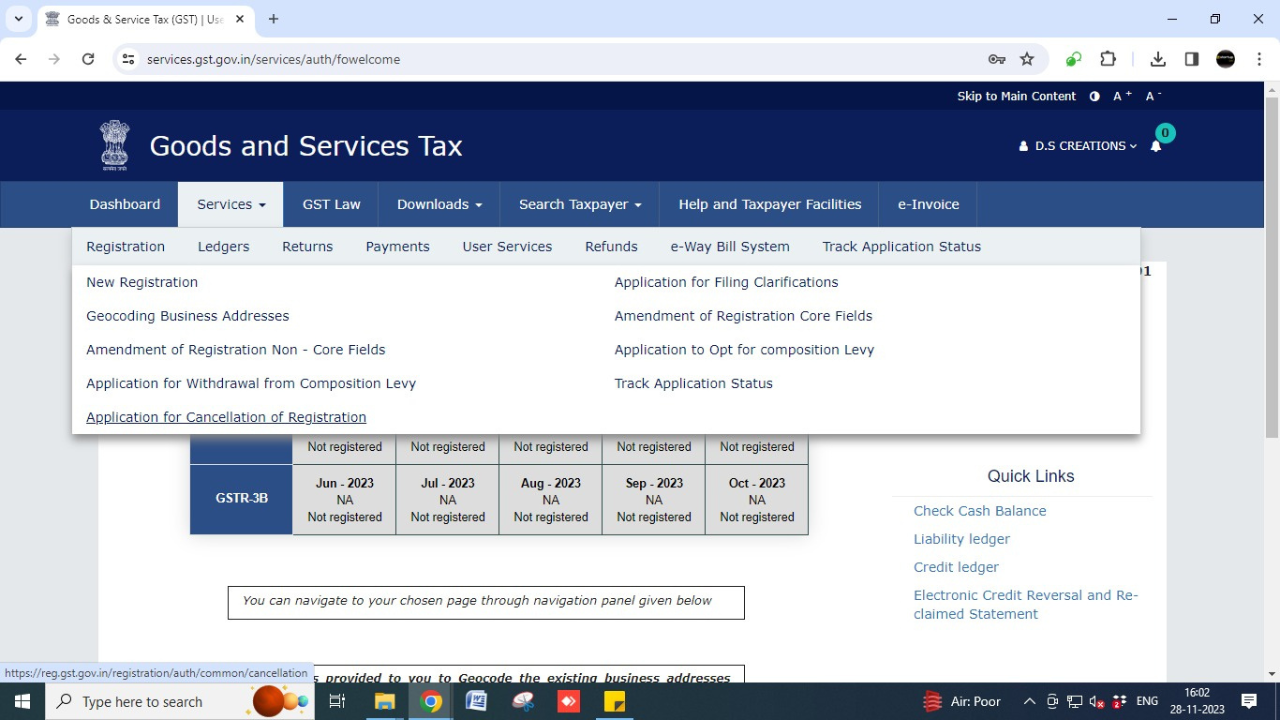 Go to Services Registration Application for Cancellation of Registration