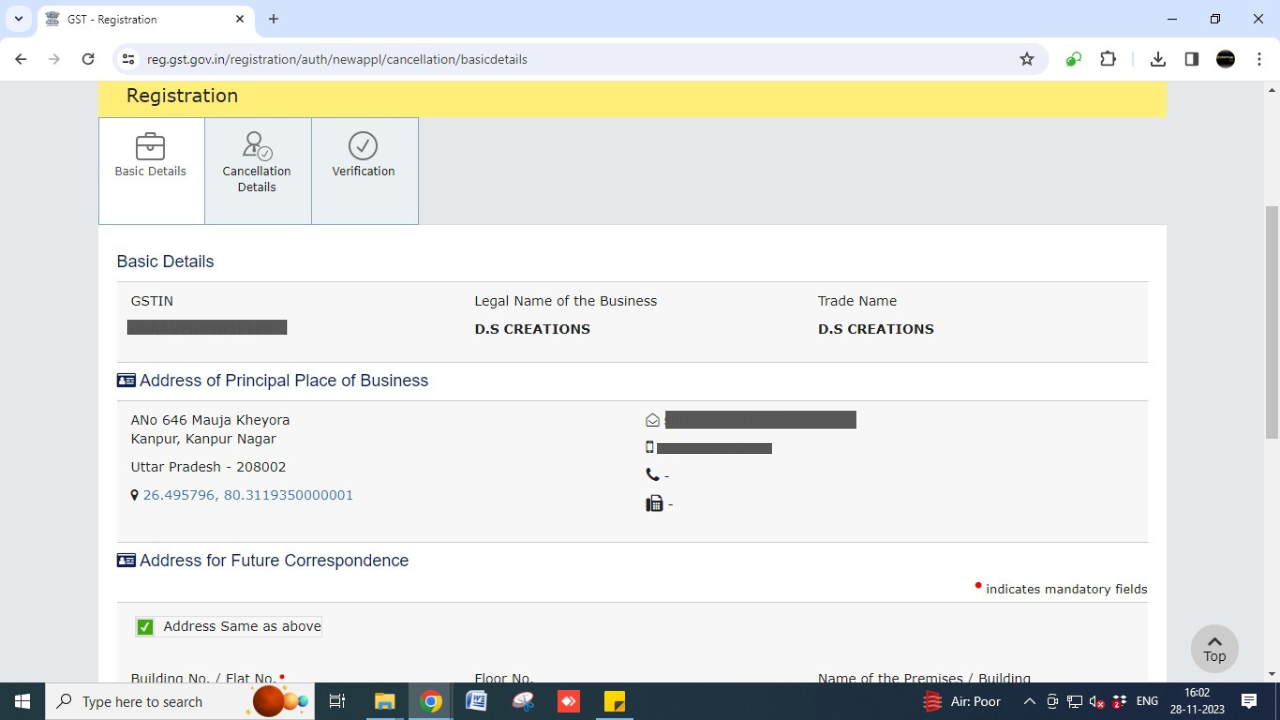 On the 'Application for Cancellation of Registration' page, there are three tabs.  Select the 'Basic Details' tab. This tab collects pre-filled information. (2)