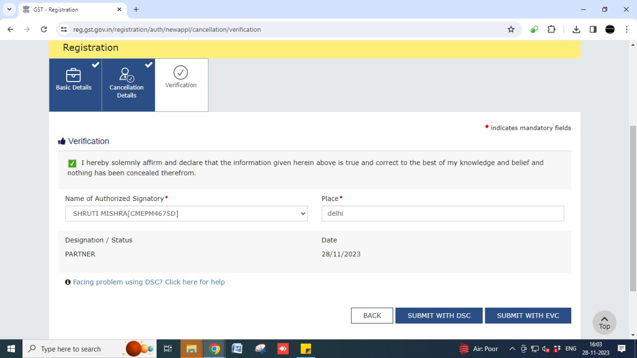 Sign the application form using the DSC(Digital Signature Certificate) or EVC(Electronic Verification Code) option