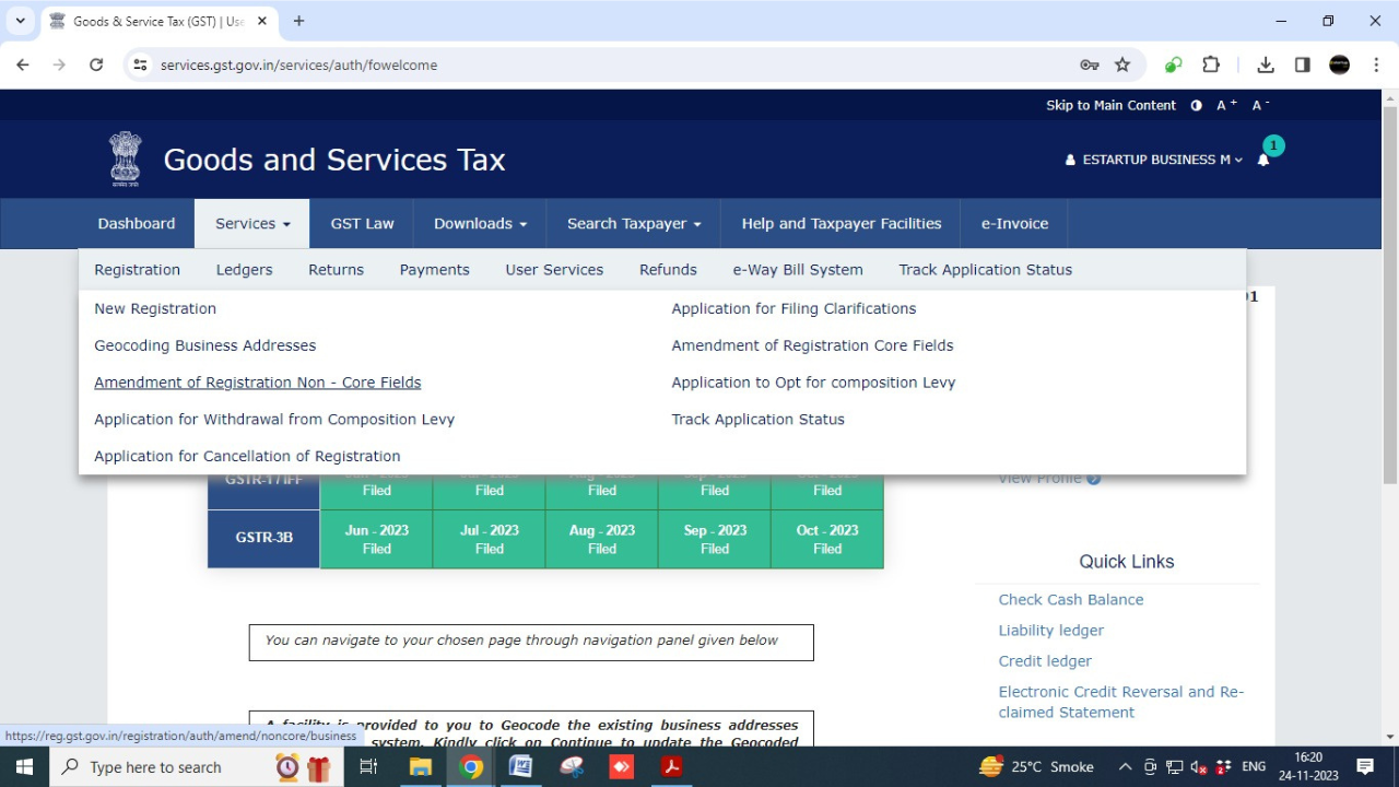 Step 2 Navigate to 'Services' 'Registration' 'Amendment of Registration Non-core fields' on the dashboard
