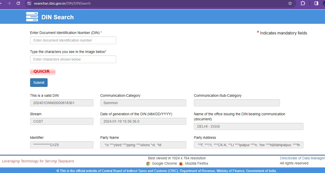 Enter Document Identification Number (DIN)